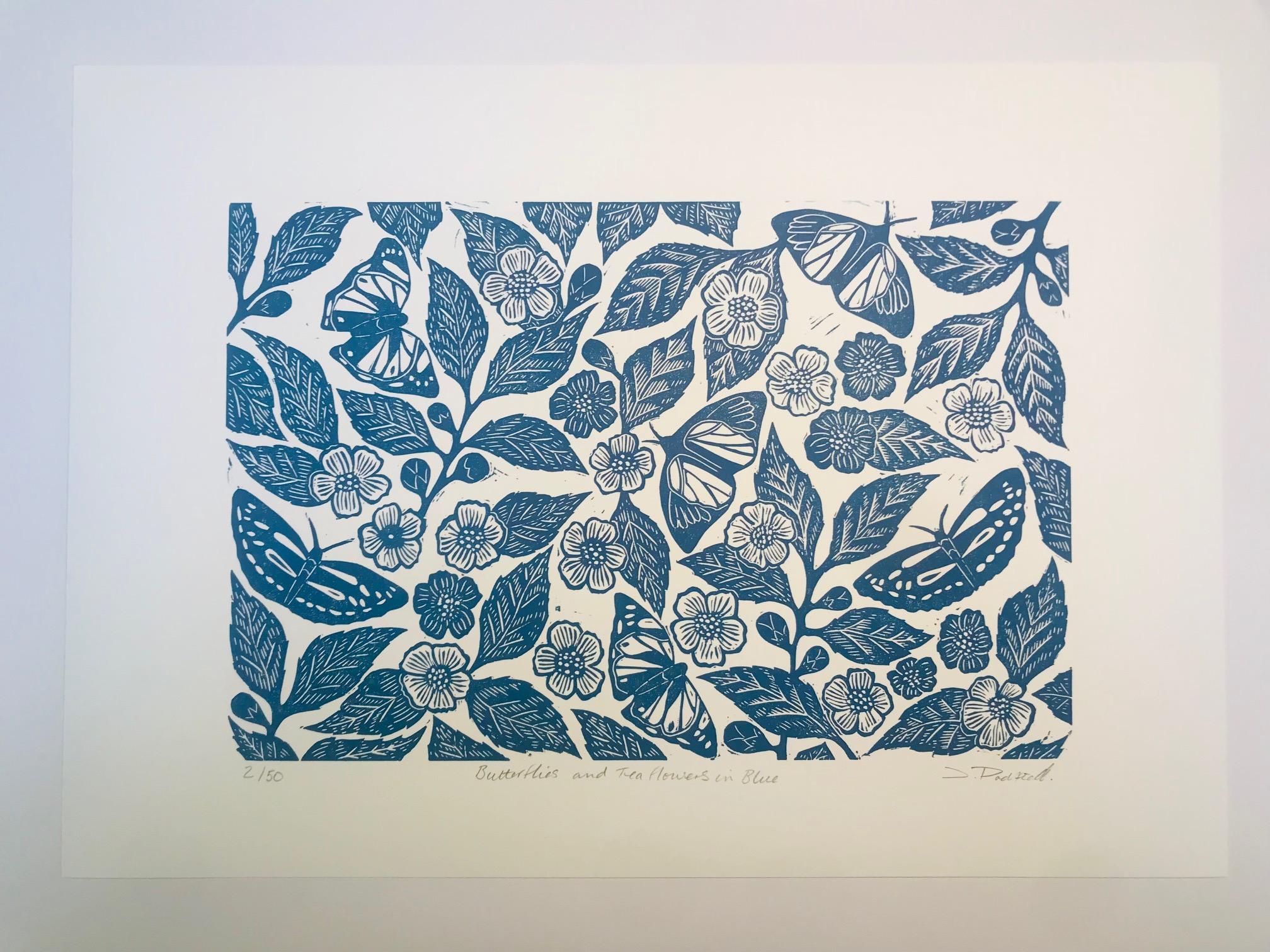 Joanna Padfield Animal Print - Butterflied and Tea Flowers in Blue Teal