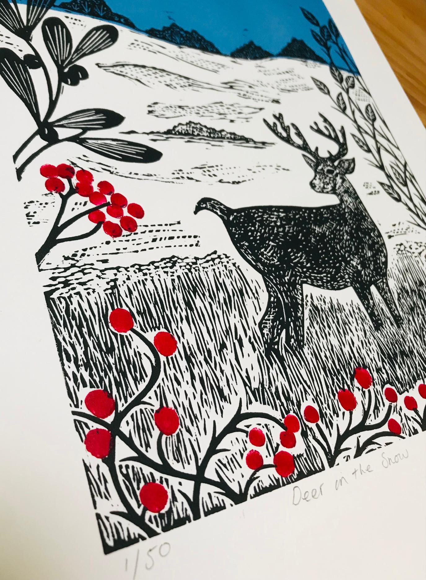 Deer in the Snow, Norfolk, Deer Print, Illustrative For Sale 1