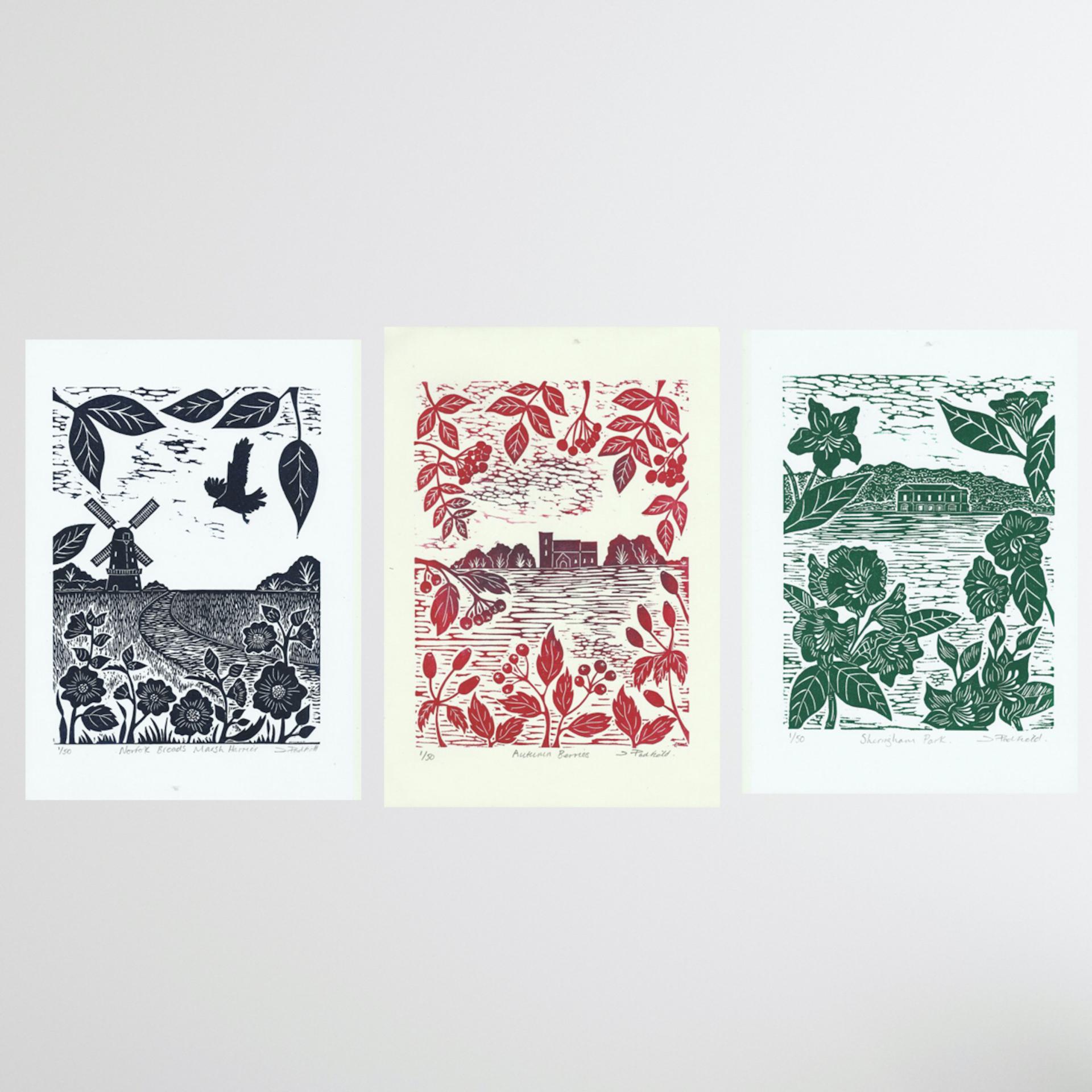 Landschafts-Triptychon von Joanna Padfield

Besteht aus
Norfolk Broads Rohrweihe
Herbstbeeren
Sheringham-Park

Jedes einzelne Stück kostet £65

Ungerahmt verkauft

Jedes Stück ist einzeln H29.7cm x B21cm x T0.1cm

Drei Linoldrucke auf Papier

Jedes