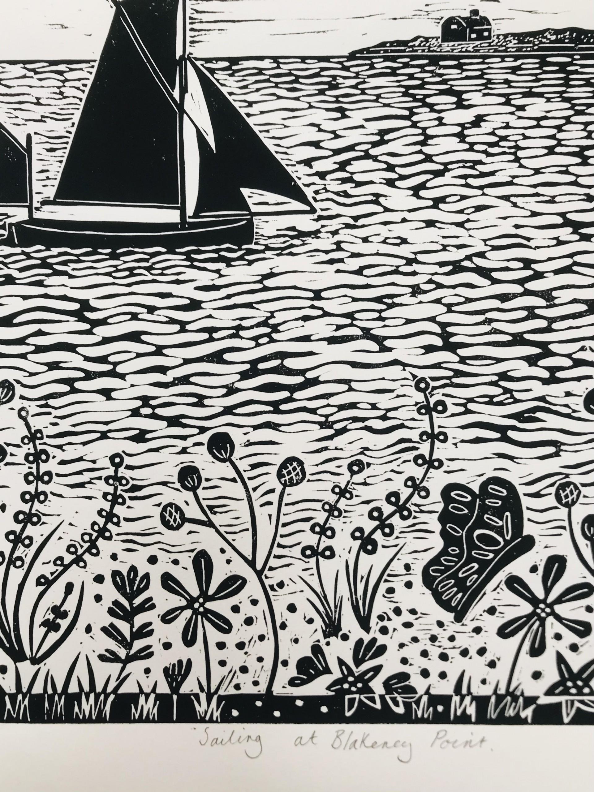 Sailing at Blakeney Point, Contemporary Linocut Seascape Print, Sailing Boat Art For Sale 1