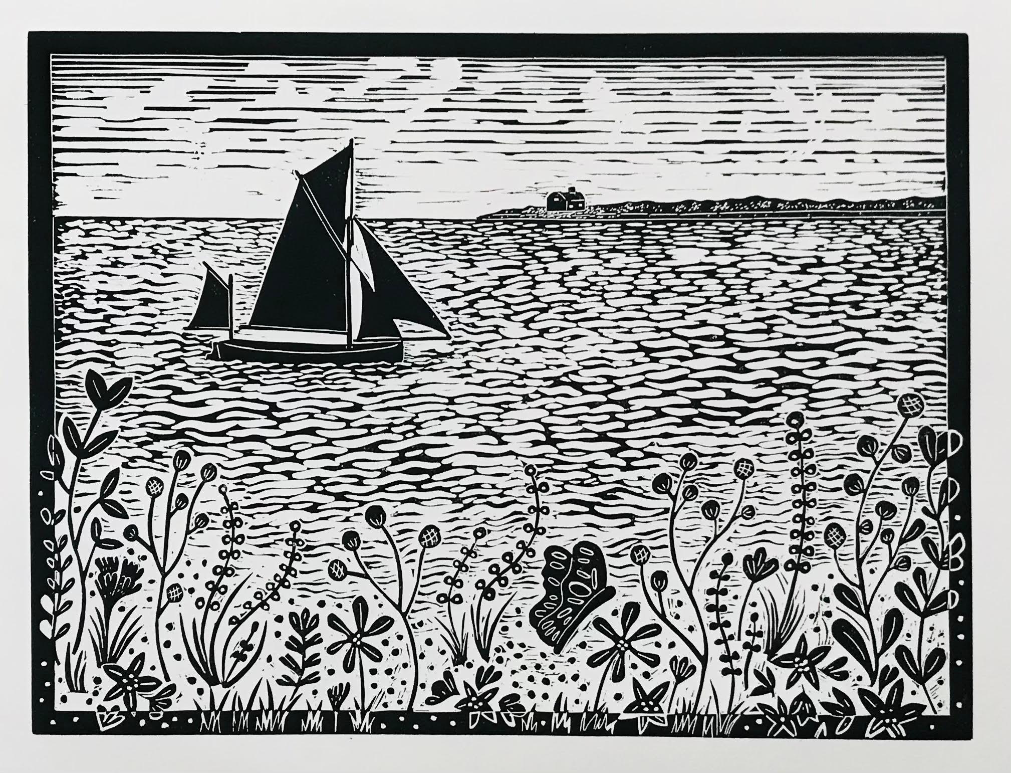 Segeln auf Blakeney Point, zeitgenössischer Linolschnitt- Meereslandschaftsdruck, Segelbootkunst