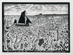 Sailing at Blakeney Point, Contemporary Linocut Seascape Print, Sailing Boat Art