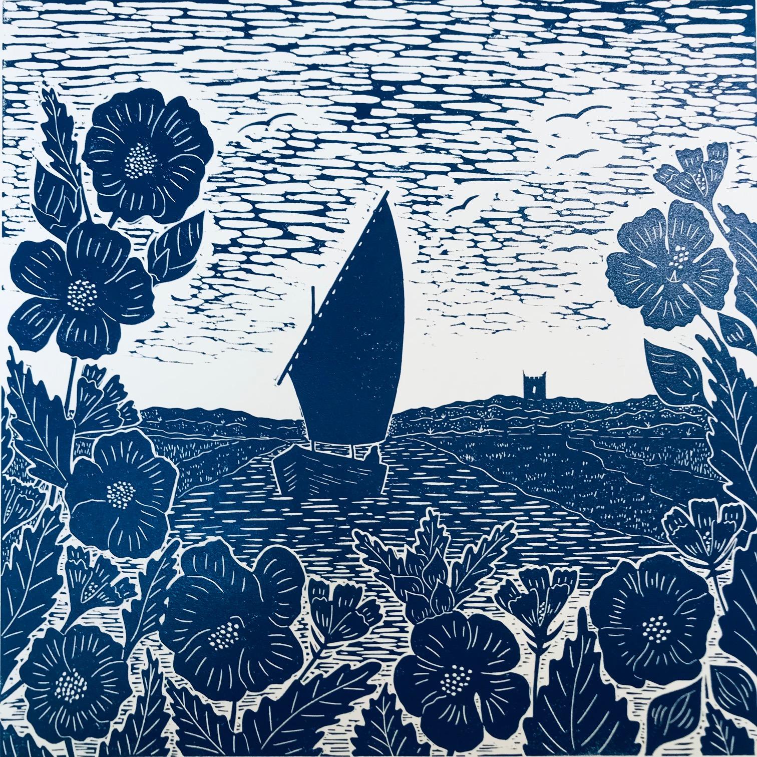 Joanna Padfield Landscape Print - Sailing boat at Morston Creek