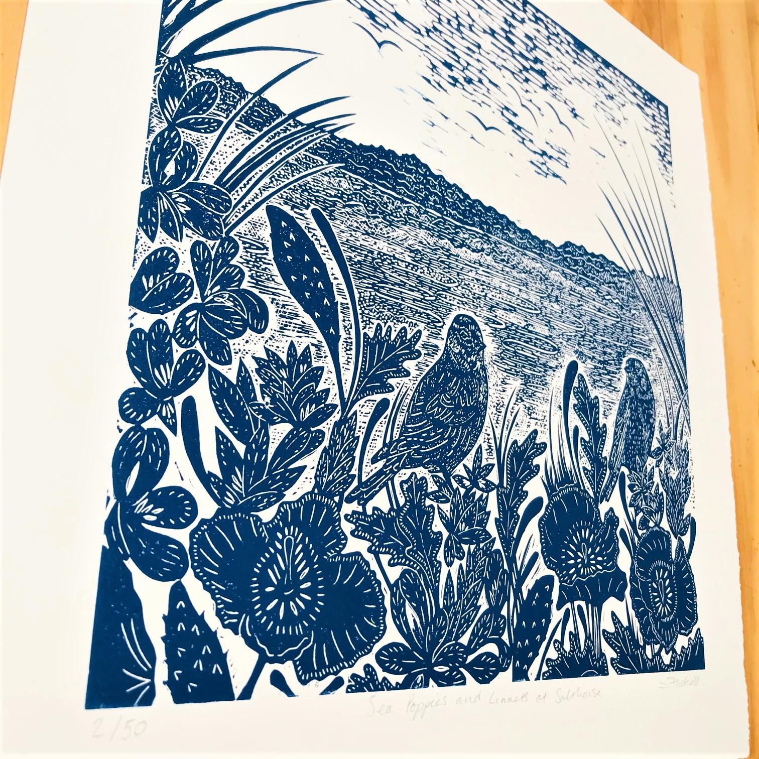 Sea Poppies and Linnets at Salthouse by Joanna Padfield [2022]
 
Sea Poppies and Linnets at Salthouse is an original limited edition linocut print, printed in blue. All of my prints are printed by hand. The inspiration for this print comes from