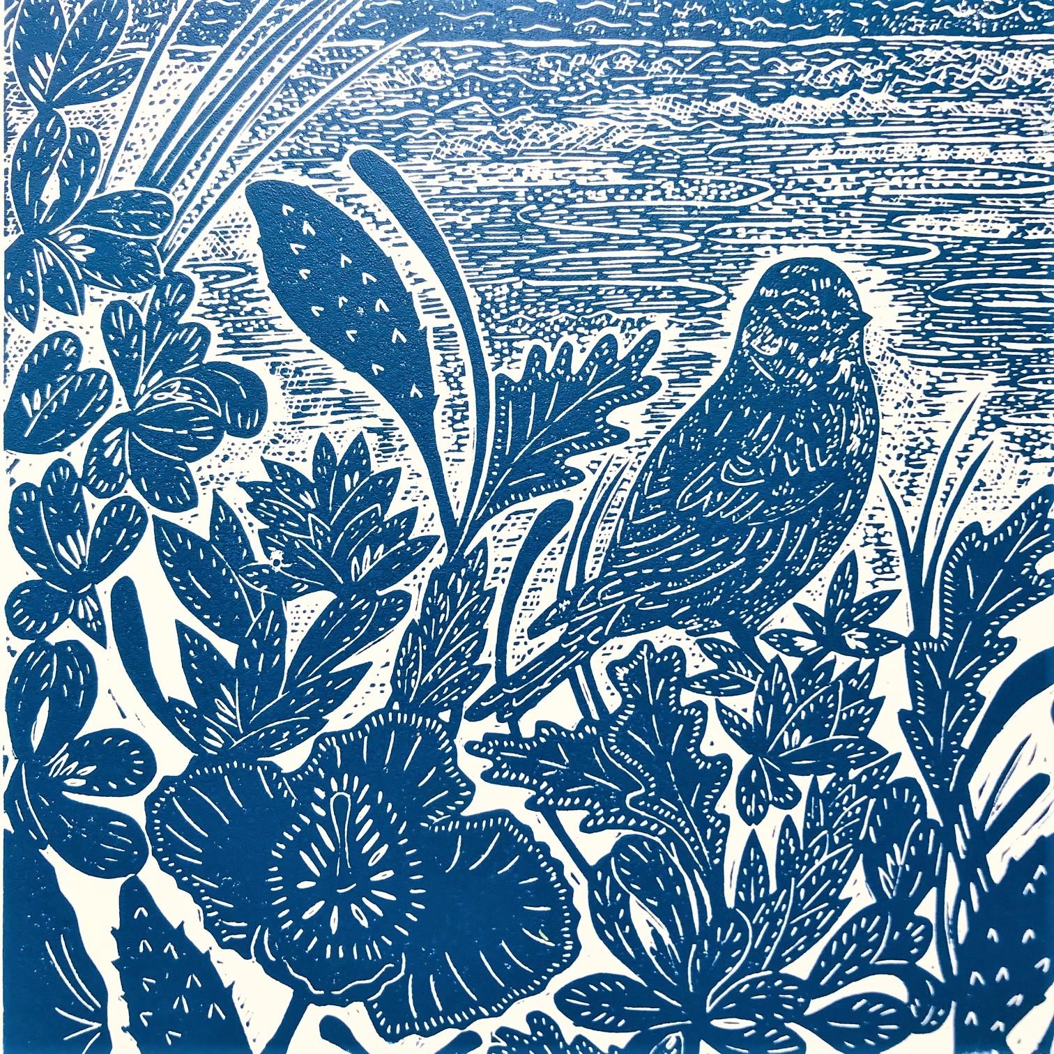 Sea Poppies and Linnets at Salthouse with Linocut, Print by Joanna Padfield For Sale 1