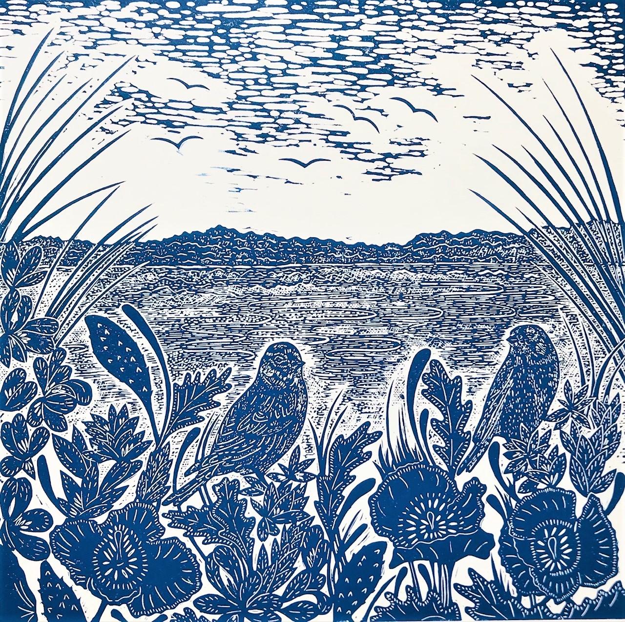 Seepflanzgefäße und Linnets in Salthouse mit Linolschnitt, Druck von Joanna Padfield