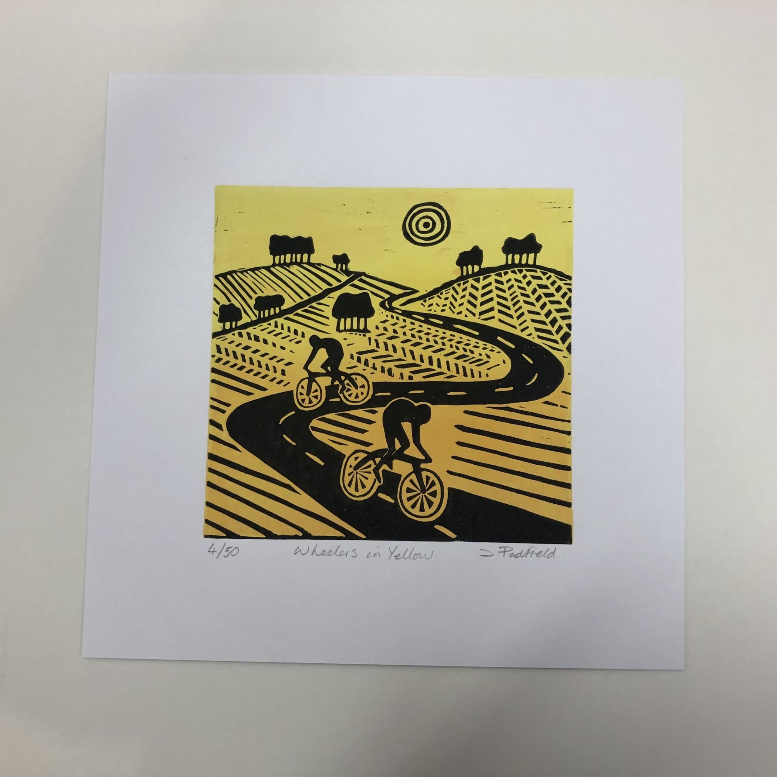 Wheelers in Yellow, Linocut print, Cycling Art, Bicycle Art, Bright Yellow - Print by Joanna Padfield