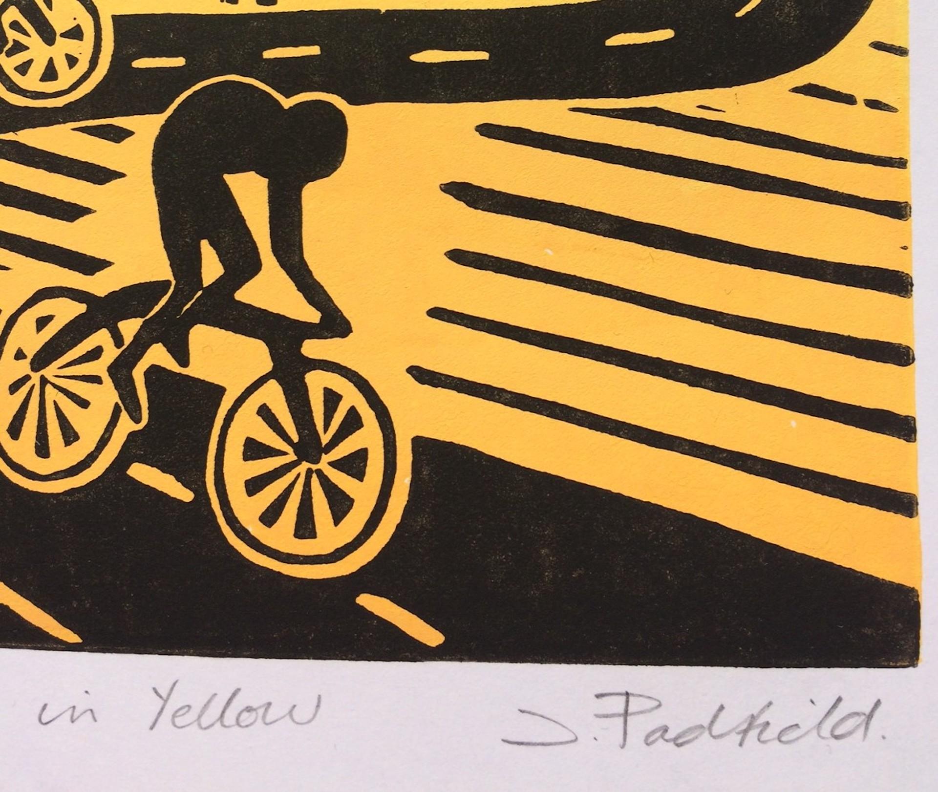 Wheelers in Yellow, Linocut print, Cycling Art, Bicycle Art, Bright Yellow - Beige Landscape Print by Joanna Padfield