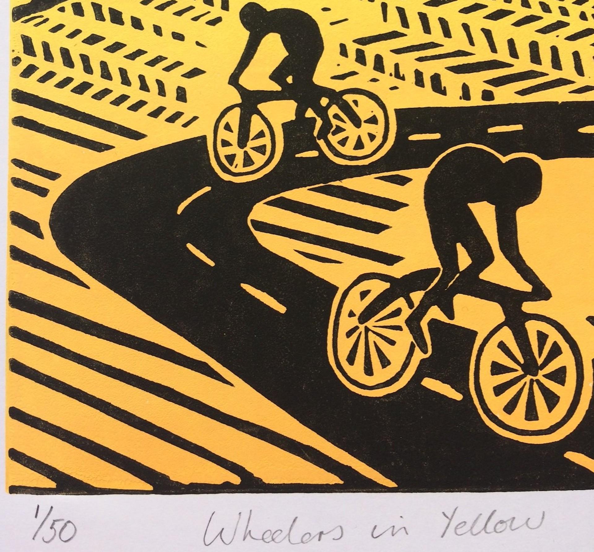 Wheelers in Yellow, Linocut print, Cycling Art, Bicycle Art, Bright Yellow For Sale 1