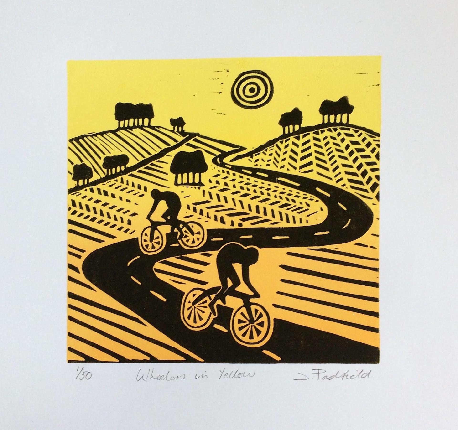 Joanna Padfield Landscape Print - Wheelers in Yellow, Linocut print, Cycling Art, Bicycle Art, Bright Yellow