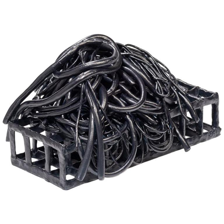 Contemporary American ceramic artist Joanna Poag's Binding Time (Black Grid with Coils) tabletop sculpture is part of a series. Its hand built clay, glaze fired to cone 6 with cobalt wash. Binding Time explores entropy as it relates to personal