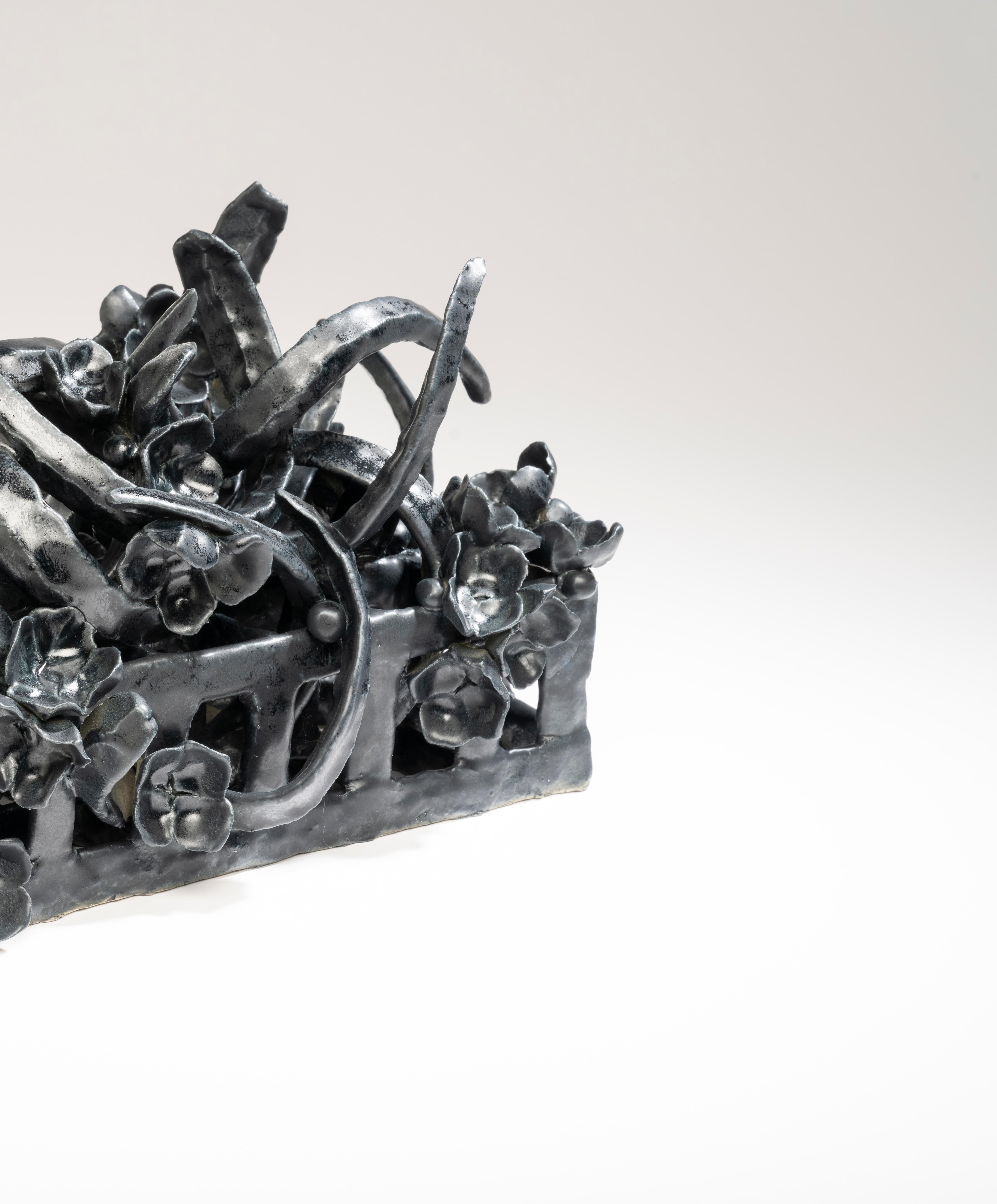 Glazed Joanna Poag Binding Time (Black Grid with leaves) Ceramic Sculpture, 2021 For Sale