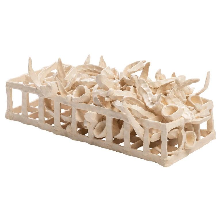 La sculpture de table Binding Time (Grid with Pods and Leaves) de l'artiste céramiste américaine contemporaine Joanna Poag fait partie d'une série. Il s'agit d'argile fabriquée à la main, cuite à haute température (cône 6) et recouverte d'engobes.