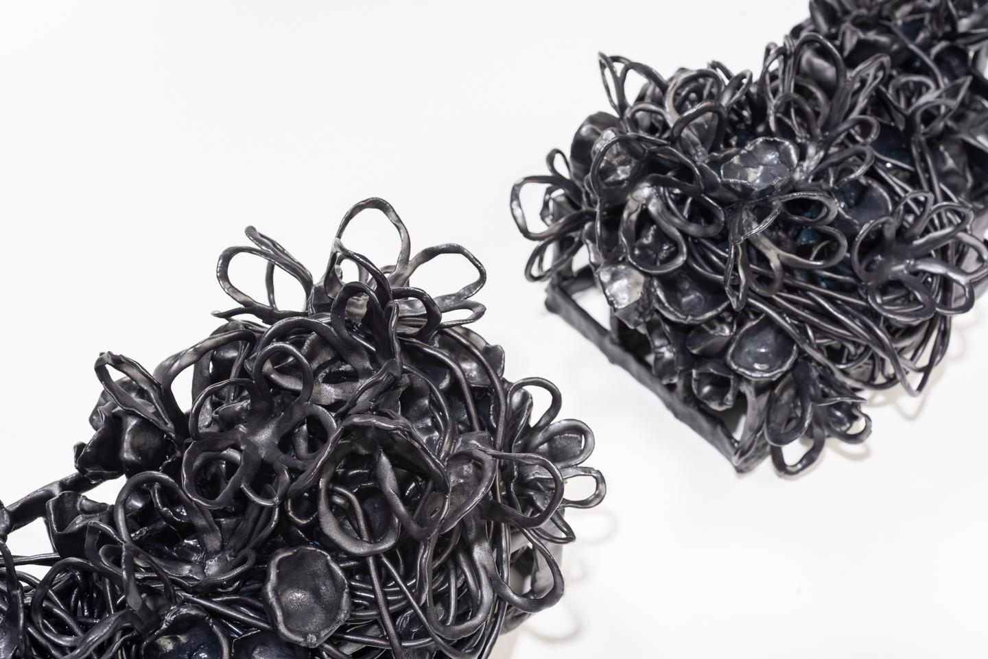 Joanna Poag Binding Time(Black Grid w/ Flowers and Pods) Ceramic Sculpture, 2019 In Excellent Condition For Sale In New York, NY