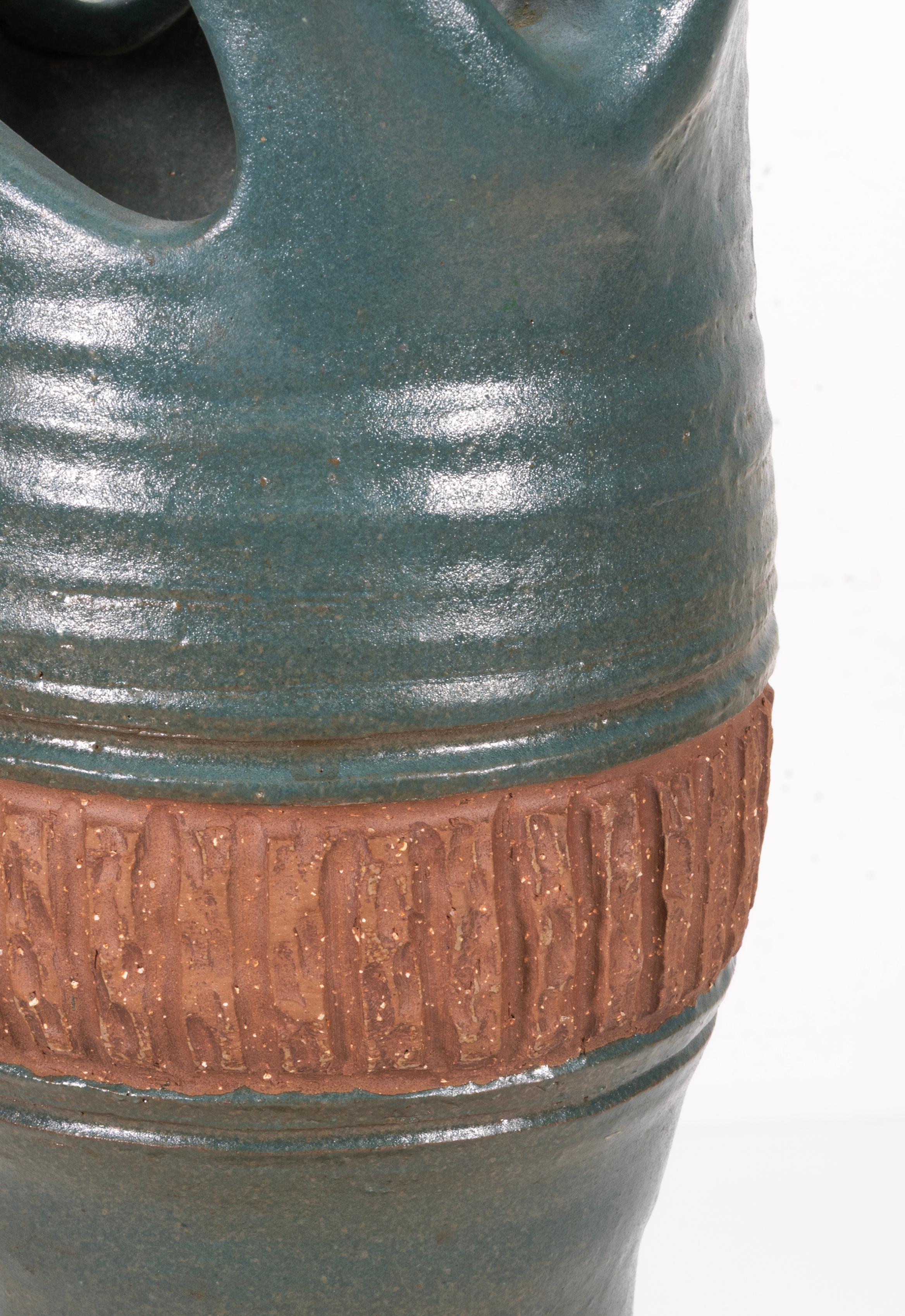 American Joanna Price Signed Mid Century Tall Green Ceramic Ikebana Vase For Sale