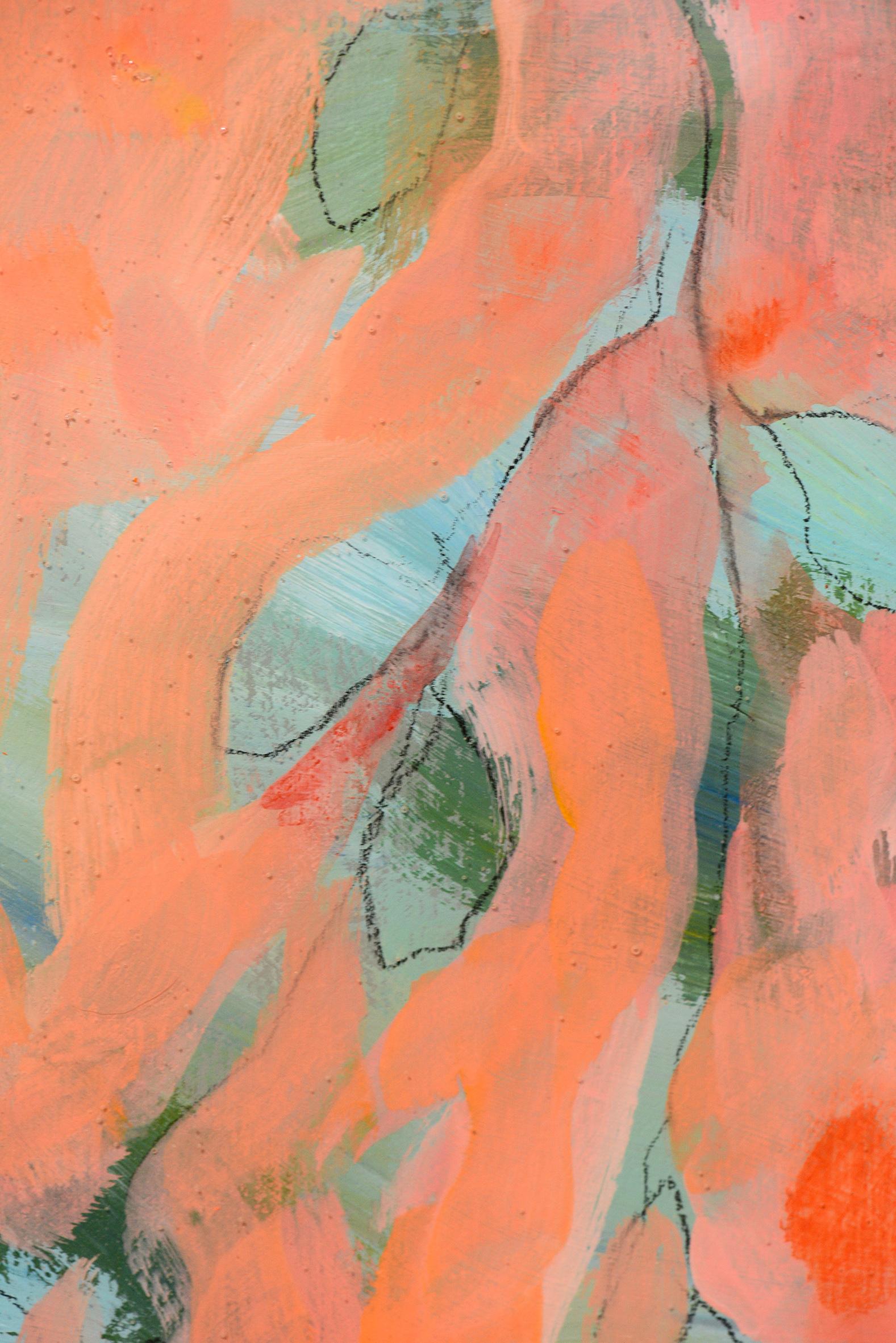 Astwerk 443 - Minimalist, Acrylic, Resin on Wood, 21st Century, Floral Painting - Orange Abstract Painting by Joanna Skurska