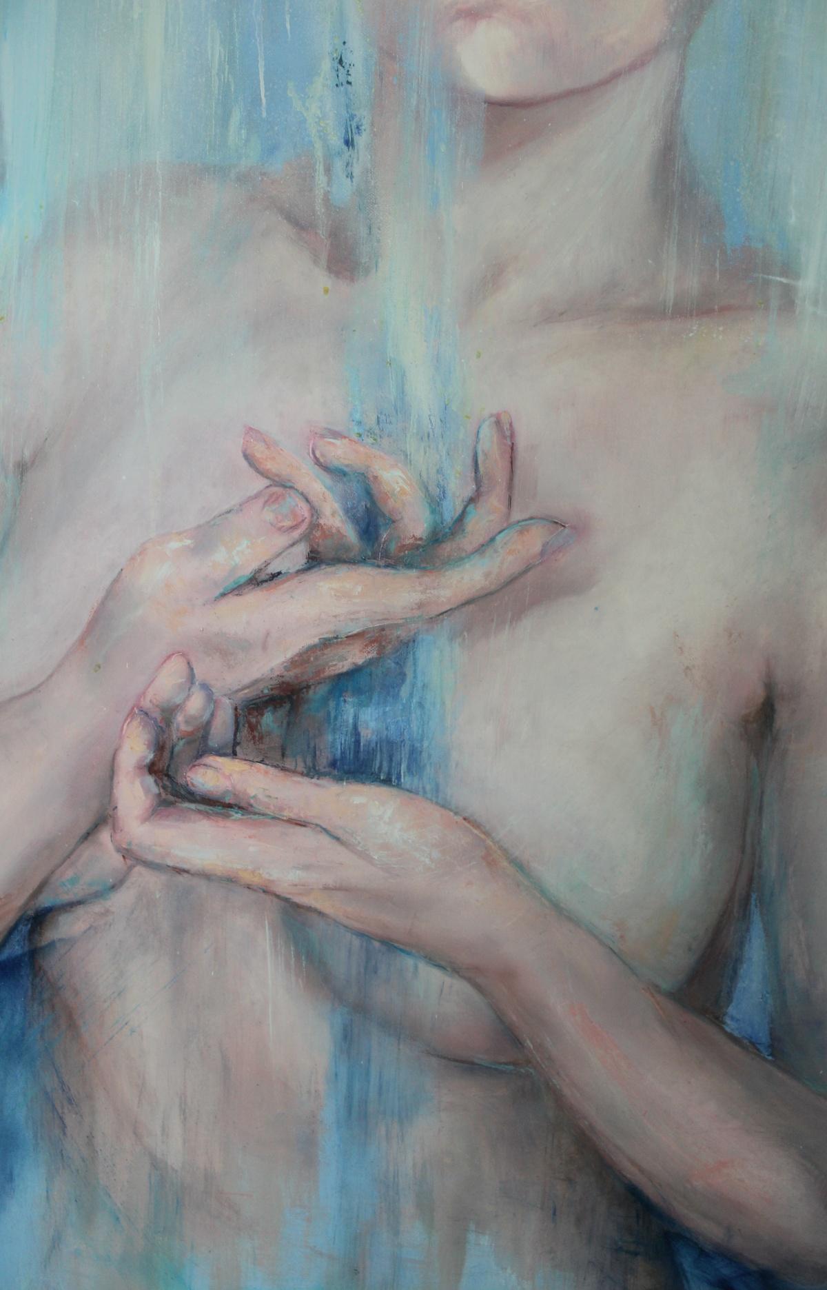 La energía. Pintura figurativa contemporánea realista acrílico sobre lienzo, Desnudo - Nude Painting Azul de Joanna Sokolowska