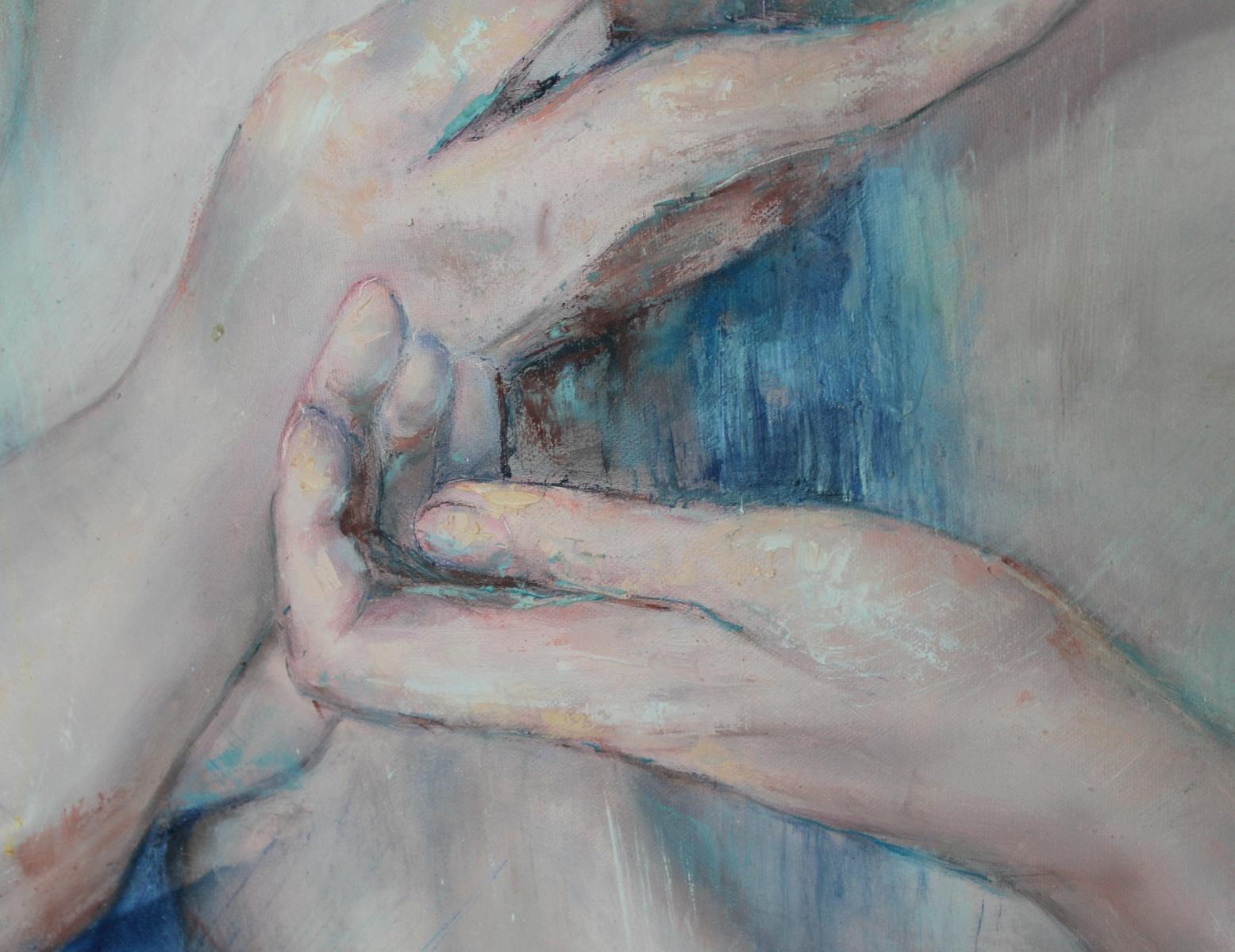 Pintura contemporánea de acrílico azul sobre lienzo, en su mayor parte monocromática, de desnudo figurativo de la artista polaca Joanna Sokolowska. La obra representa a una mujer desnuda a la que sólo se le ve la mitad de la cara. El título de esta