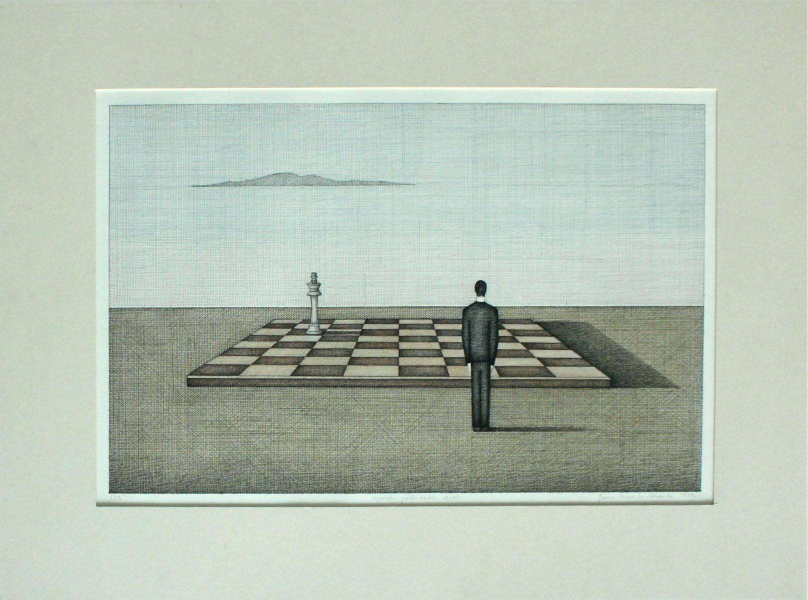 Un jugador. Dibujo figurativo, Surrealismo simbólico, Ajedrez, Artista polaco - Print de Joanna Wiszniewska-Domanska