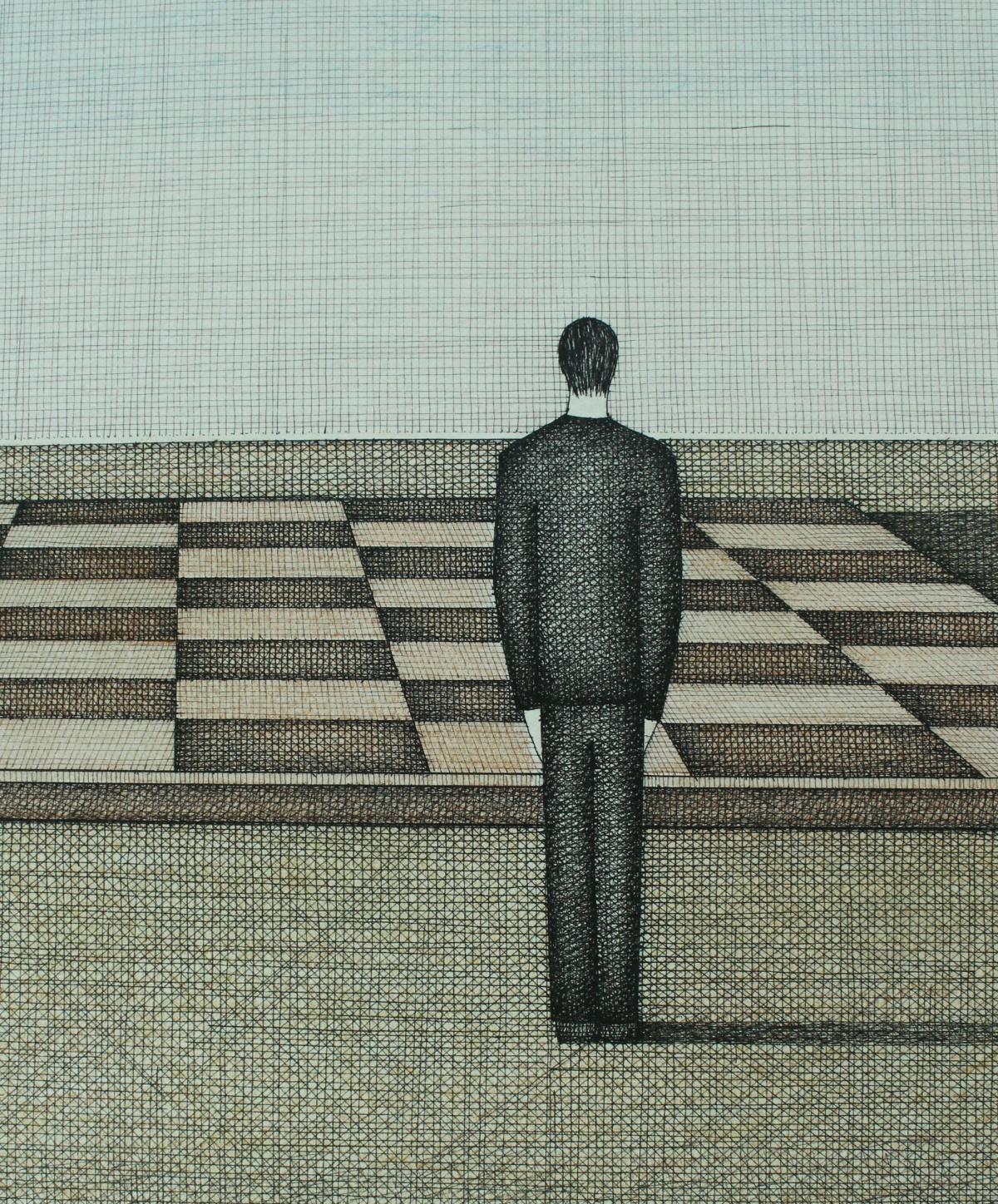 Un jugador. Dibujo figurativo, Surrealismo simbólico, Ajedrez, Artista polaco - Print Contemporáneo de Joanna Wiszniewska-Domanska