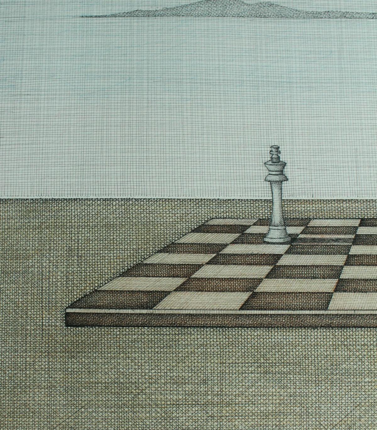 Un jugador. Dibujo figurativo, Surrealismo simbólico, Ajedrez, Artista polaco - Figurative Print Gris de Joanna Wiszniewska-Domanska