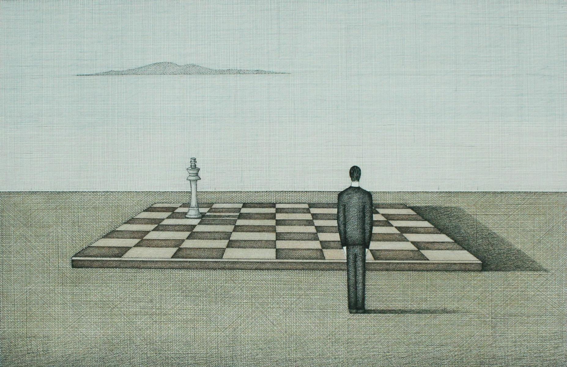 Figurative Print de Joanna Wiszniewska-Domanska - Un jugador. Dibujo figurativo, Surrealismo simbólico, Ajedrez, Artista polaco