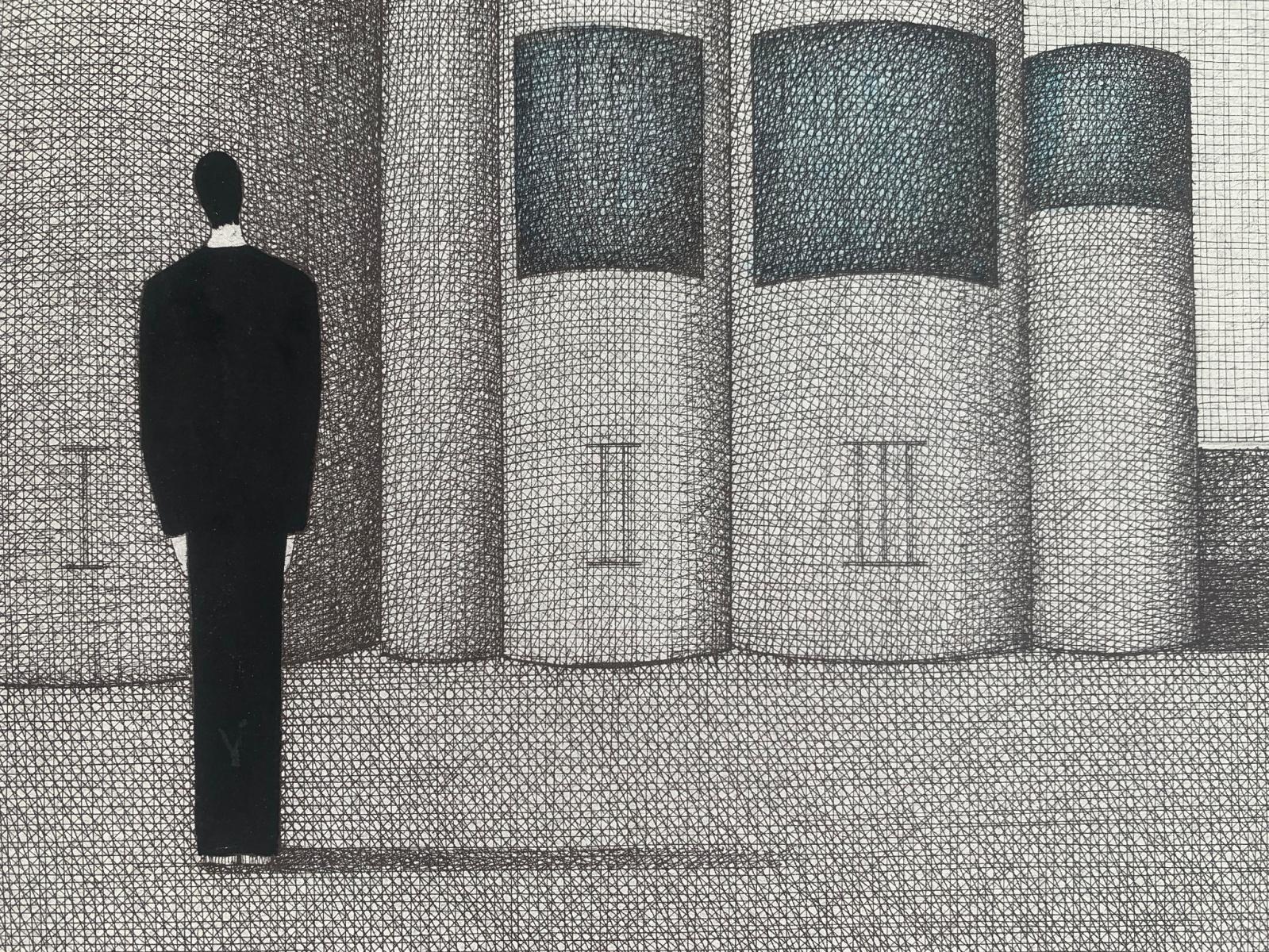 Diari. Stampa figurativa, Surrealismo simbolico, Grigio e blu, Arte polacca - Print di Joanna Wiszniewska-Domanska