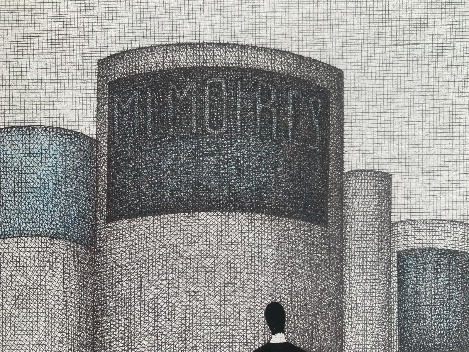 Stampa figurativa surreale dell'artista polacca Joanna Wiszniewska-Domanska. L'opera d'arte raffigura un uomo vestito di nero visibile dal retro. Ci sono dei diari davanti a lui. Sullo sfondo c'è un semplice paesaggio.  La stampa è cantata, datata e