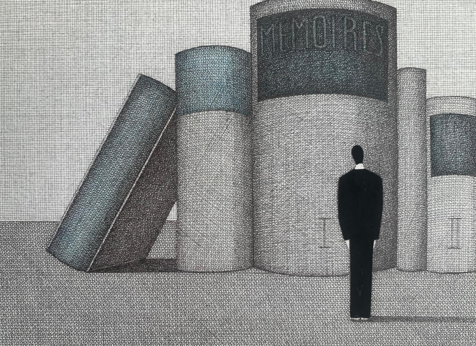 Diari. Stampa figurativa, Surrealismo simbolico, Grigio e blu, Arte polacca in vendita 1