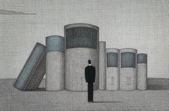 Diaries. Figurative print, Symbolic Surrealism, Grey and blue, Polish art