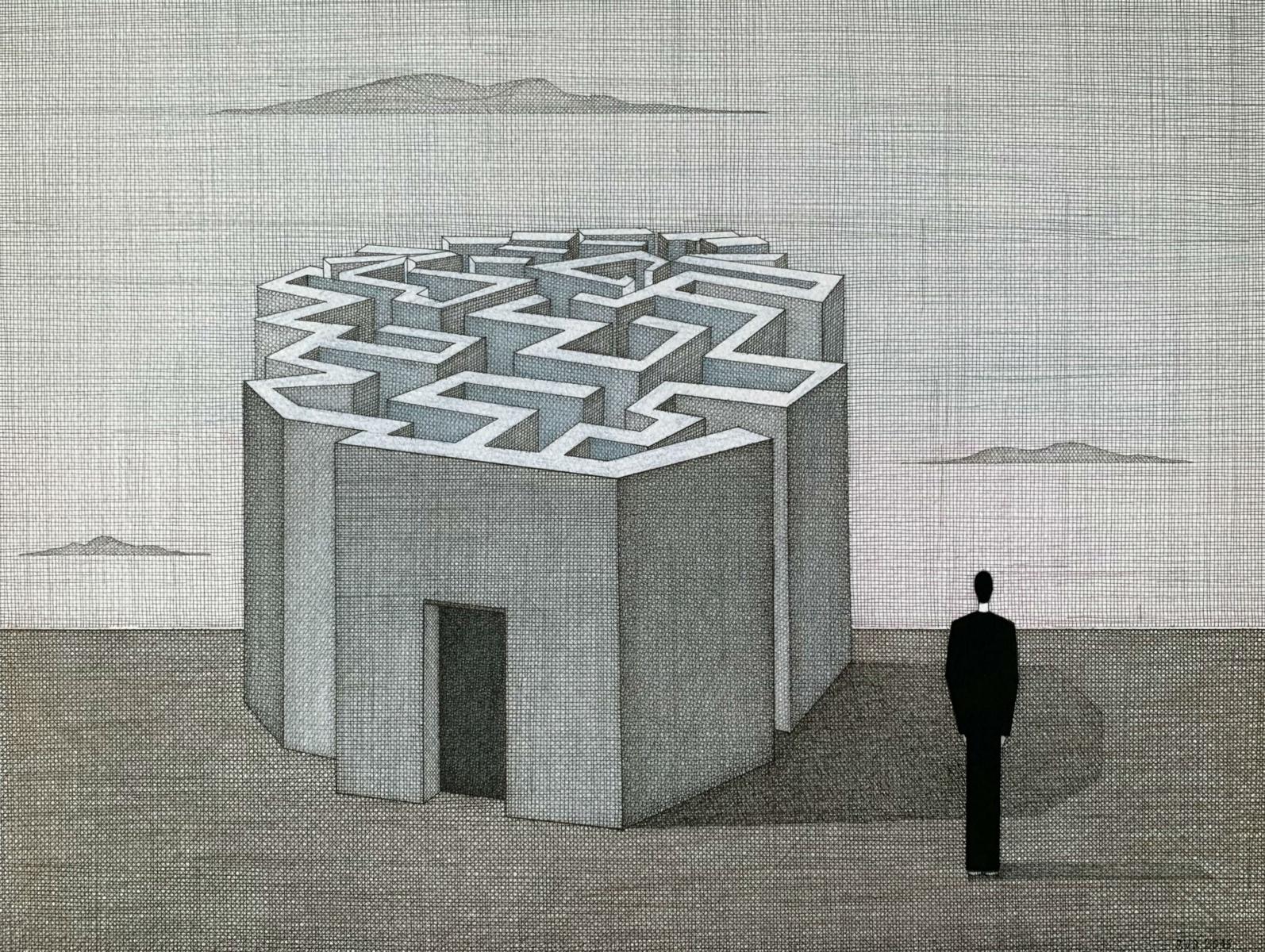 Soñar con escapar de un laberinto - Impresión figurativa, Surrealismo, Minimalismo