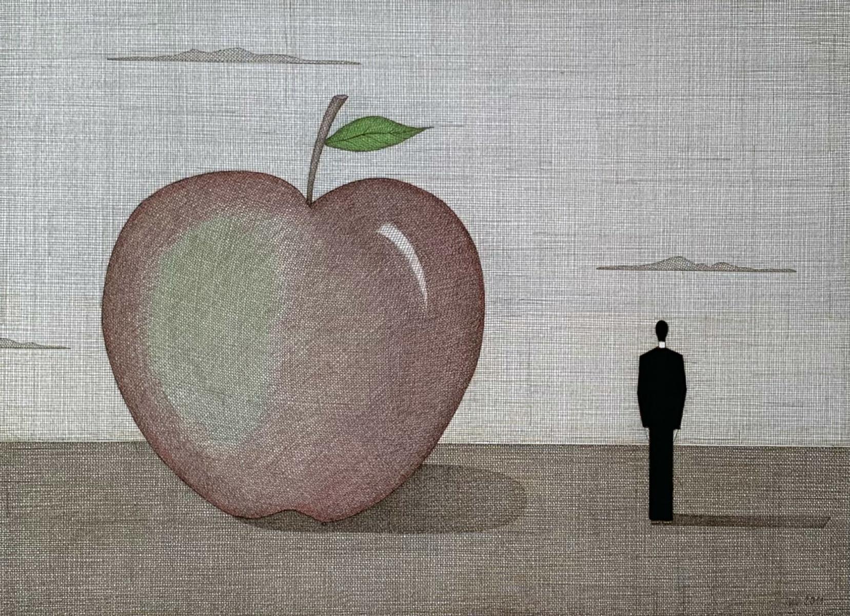 Joanna Wiszniewska-Domanska Figurative Print – Landschaft mit einem roten Apfel – figürlicher Druck, Surrealismus, Minimalismus