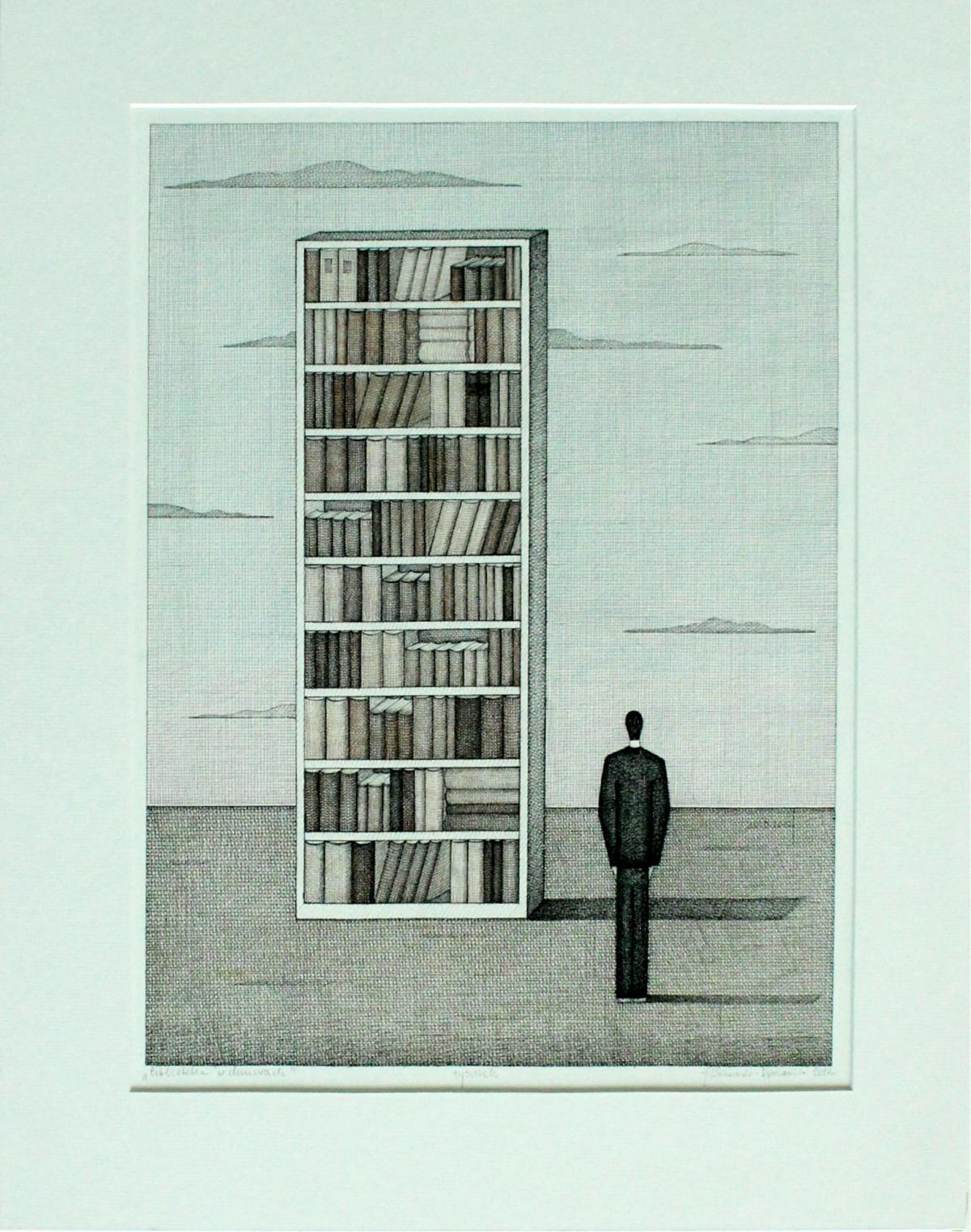Biblioteca en las nubes. Dibujo figurativo, Surrealismo simbólico, Artista polaco - Print de Joanna Wiszniewska-Domanska