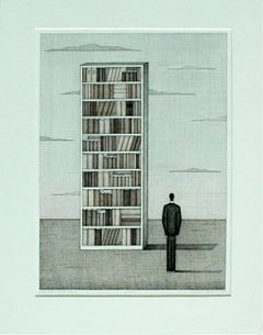 Library in clouds. Figurative drawing, Symbolic Surrealism, Polish artist
