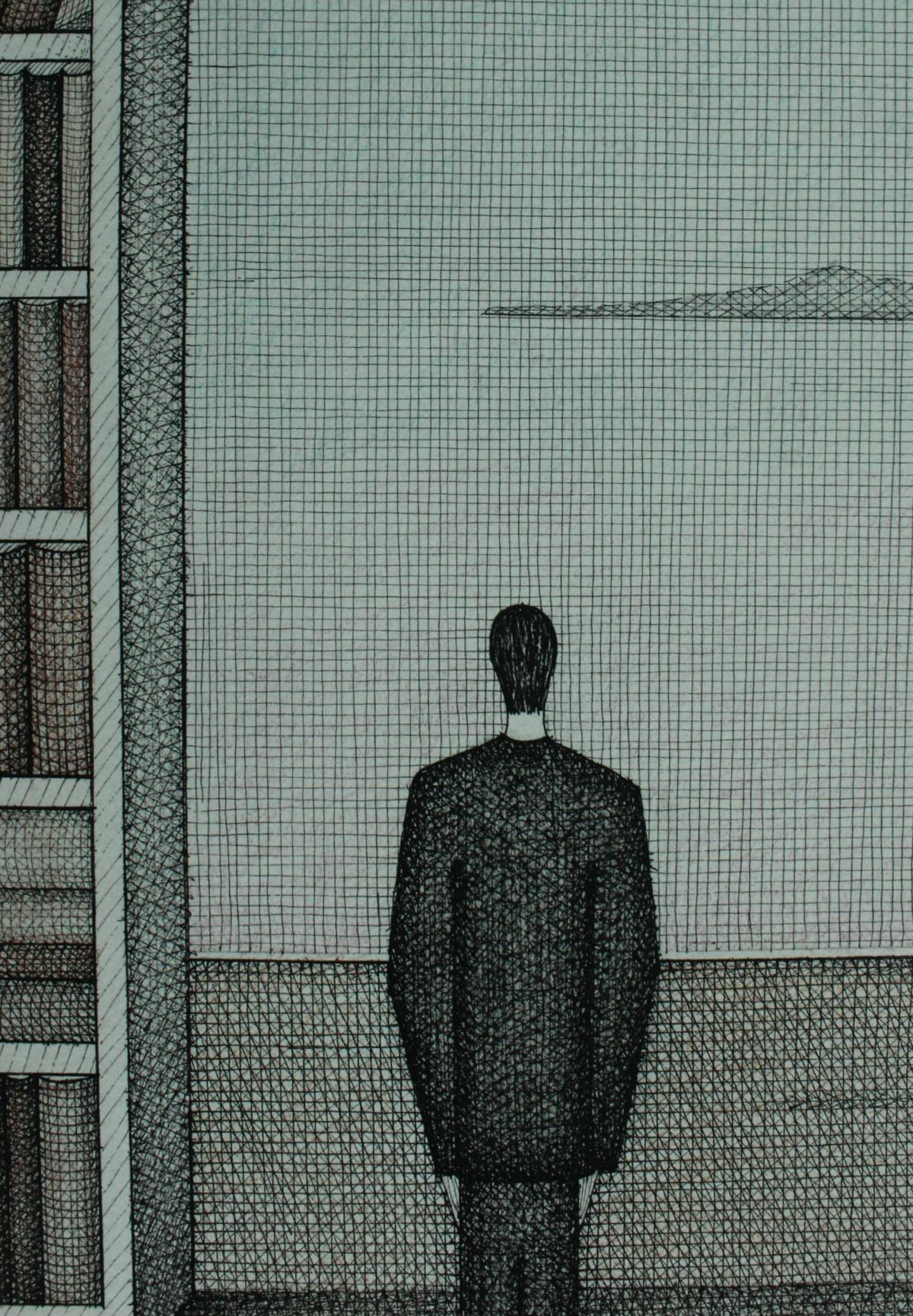 Biblioteca en las nubes. Dibujo figurativo, Surrealismo simbólico, Artista polaco - Print Contemporáneo de Joanna Wiszniewska-Domanska