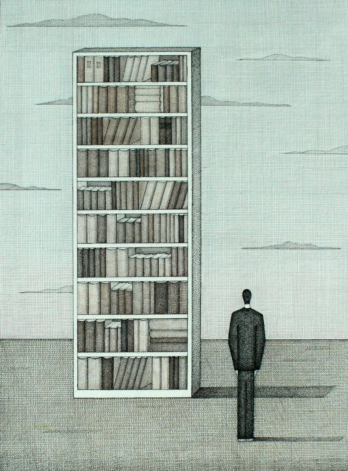 Biblioteca en las nubes. Dibujo figurativo, Surrealismo simbólico, Artista polaco