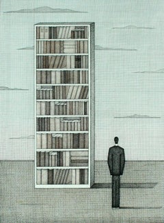 Bibliothek in Wolken. Figurative Zeichnung, symbolischer Surrealismus, polnischer Künstler