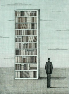 Biblioteca en las nubes. Dibujo figurativo, Surrealismo simbólico, Artista polaco