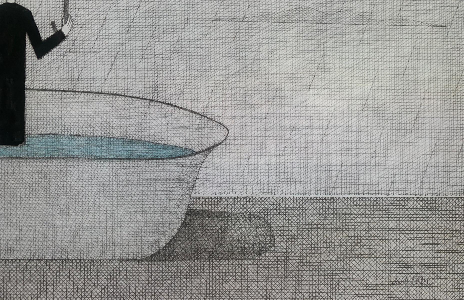 Uomo sotto la pioggia. Stampa figurativa, Surrealismo simbolico, Arte polacca - Figurative Print Grigio di Joanna Wiszniewska-Domanska