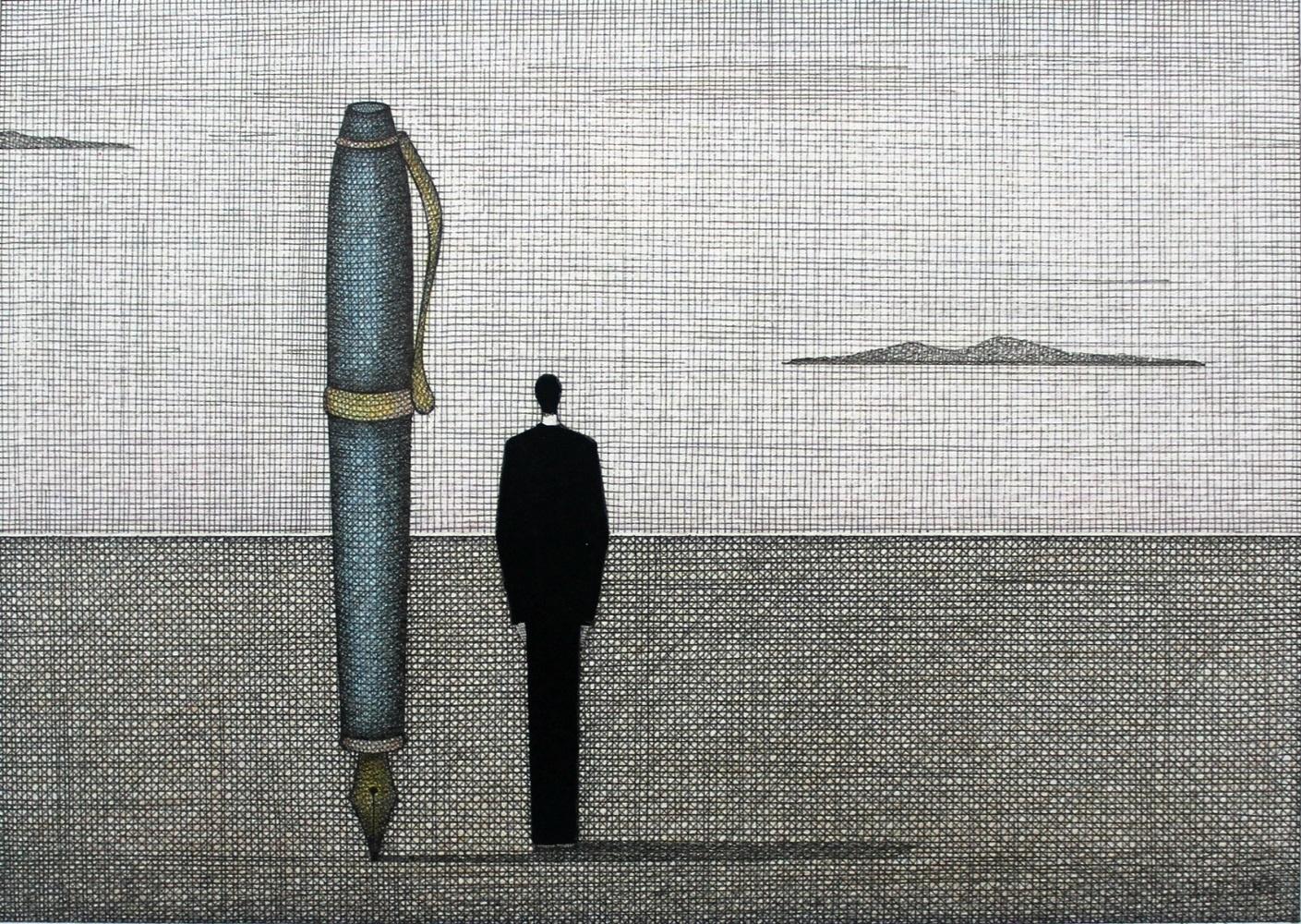 Joanna Wiszniewska-Domanska Figurative Print - Man with a pen - Figurative print, Surrealism, Minimalism