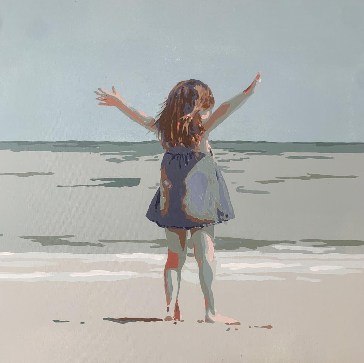 Pintura figurativa contemporánea en acrílico sobre lienzo de la artista polaca Joanna Woyda. La pintura es minimalista, de estilo pop art. La obra representa a una chica de pie en la orilla, se la ve de espaldas, con los brazos estirados. Los