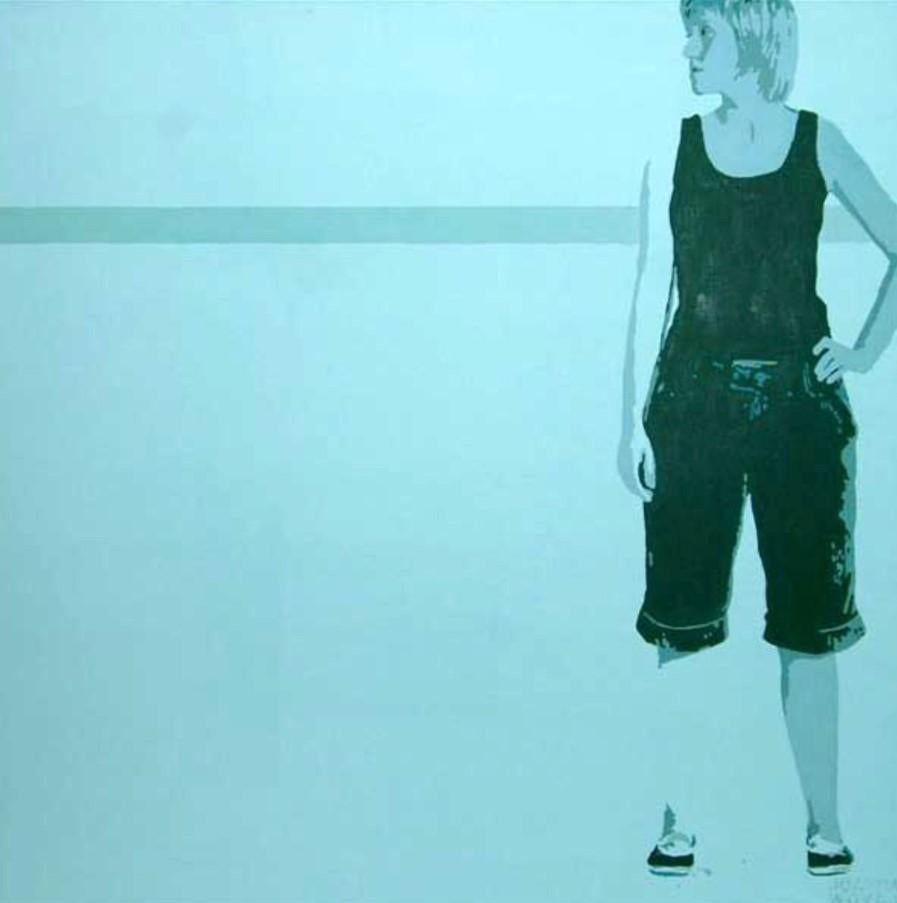 Joanna Woyda Figurative Painting – Figuratives Acrylgemälde eines stehenden Mädchens, Minimalismus, Pop Art