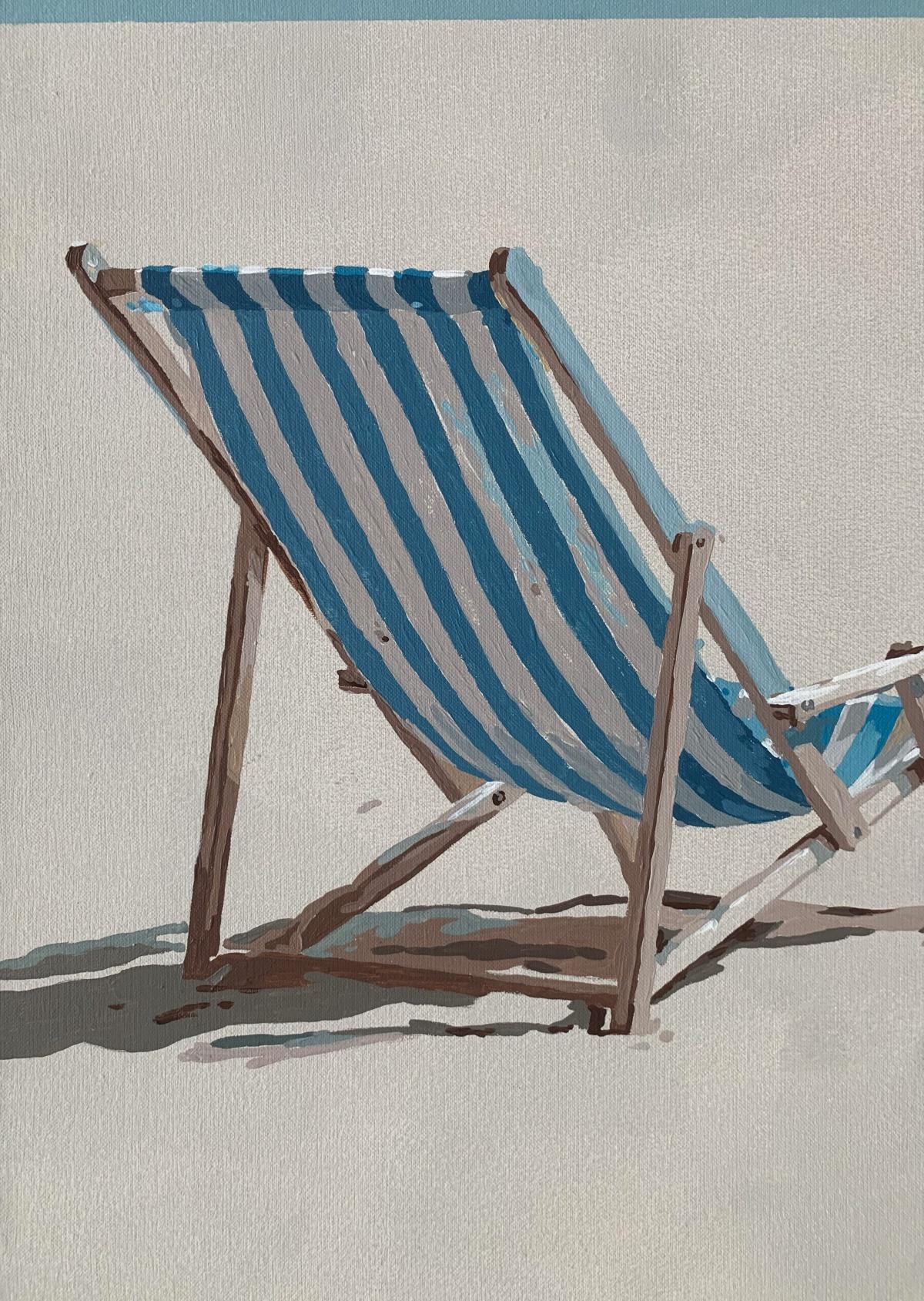 Pintura figurativa contemporánea en acrílico sobre lienzo de la artista polaca Joanna Woyda. La pintura es minimalista, de estilo pop art. La obra representa una tumbona en una playa. Los colores son azul con beige. La obra de arte tiene una