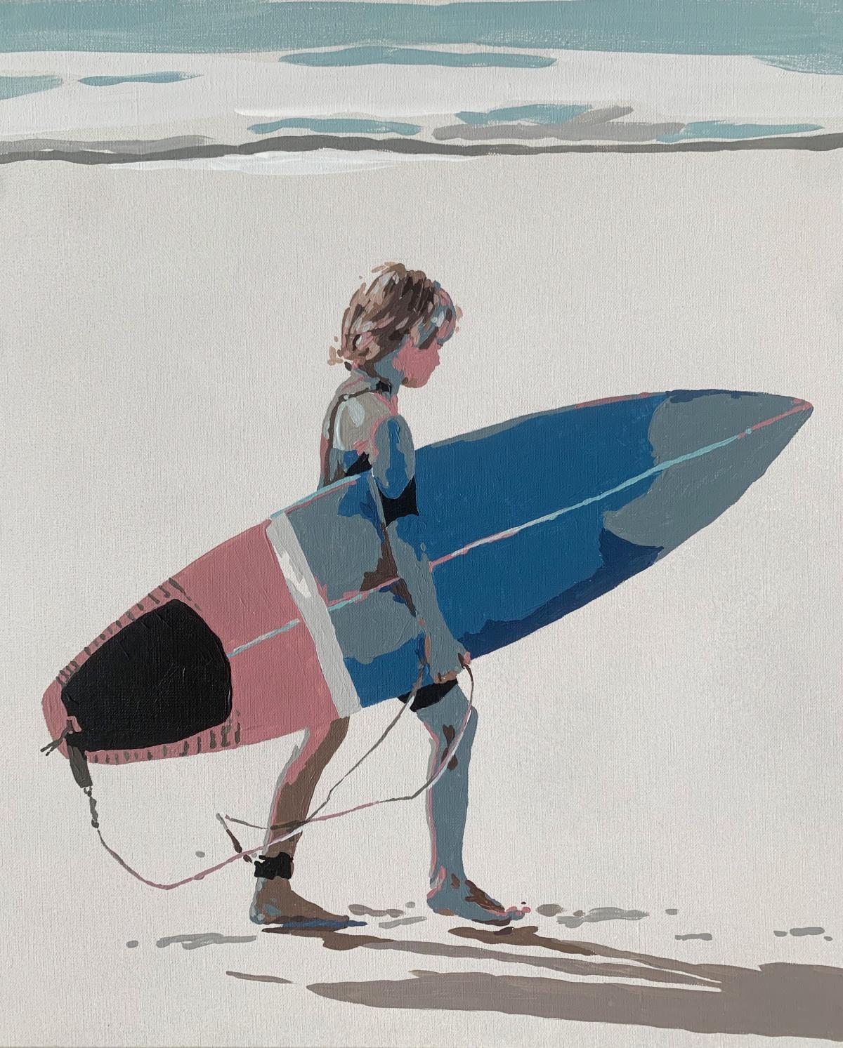 Pintura figurativa contemporánea en acrílico sobre lienzo de la artista polaca Joanna Woyda. La pintura es minimalista, de estilo pop art. La obra de arte representa a un niño caminando por la orilla del mar, con un bardo de surf en la mano. Los