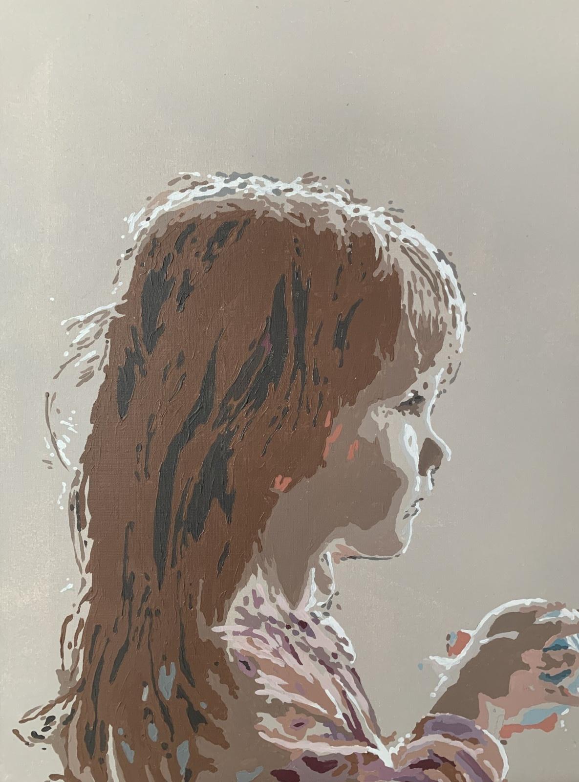 Playa- Una chica. Pintura acrílica figurativa, Minimalismo, Arte pop, Arte polaco - Figurative Painting Gris de Joanna Woyda