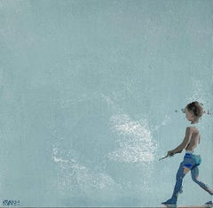 Beach. Boy in blue shorts - Figurative Acrylic Painting, Minimalism, Pop art