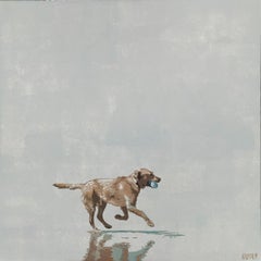 Beach. Dog with a ball - Figurative Acrylic Painting Minimalism Pop art, Animal