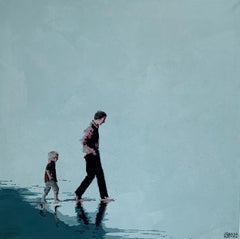 Beach. Father and son - Figurative Acrylic Painting, Minimalism, Pop art