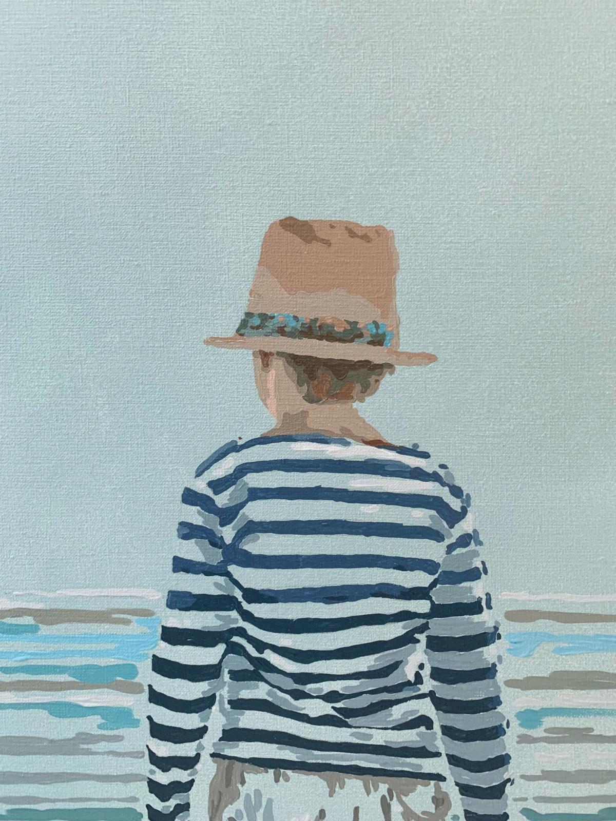 Contemporary figurative acrylic on canvas painting by Polish artist Joanna Woyda. Painting is in minimalistic, pop art style. The artwork depicts a boy seen from behind, gazing at the sea. He is waering striped shirt and a hat Color of the