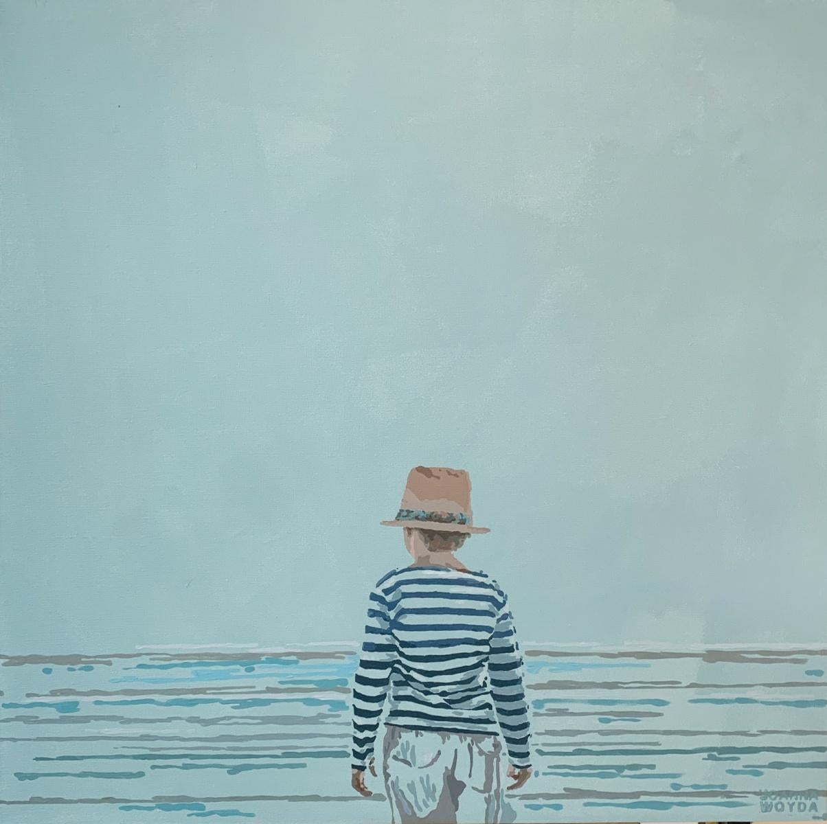 Joanna Woyda Portrait Painting - Beach- In a hat. Figurative Acrylic Painting, Minimalism, Pop art, Polish art